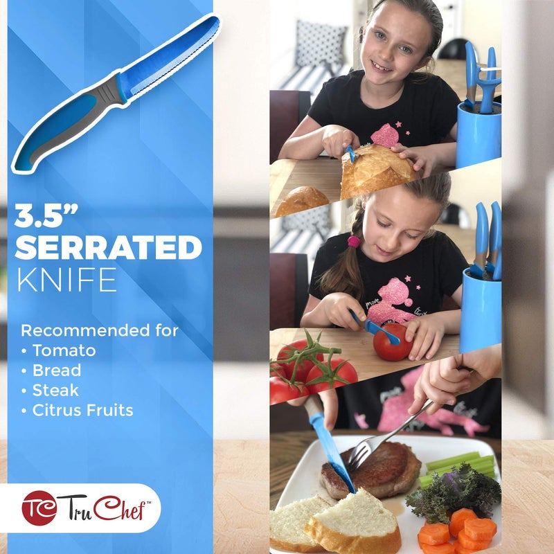 TruChef 5-Piece Kids Knife Set | Real Stainless Steel Cooking Knives with Peeler, Serrated Blade & Storage Stand | Safe, Easy-Grip Design â€“ Fun Junior Chef Set for Boys & Girls (5 pcs, Blue) - Image 5